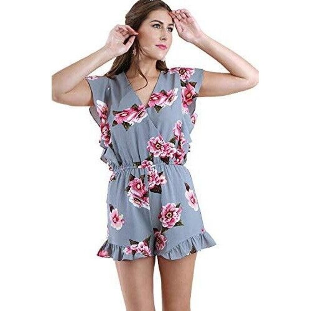 Umgee Womens Floral Surplice Ruffle Romper - Grey Floral NEW